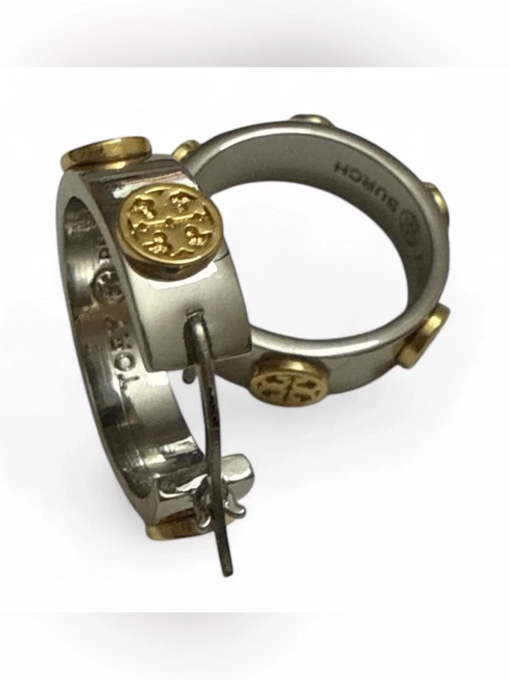 Tory Burch Gray Enamel Hoop Earrings with Gold Logo Accents